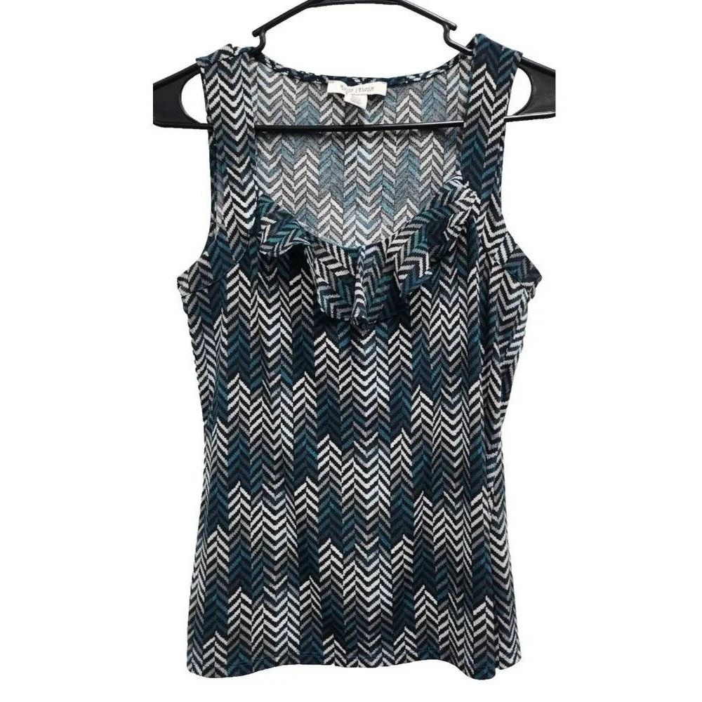 White House Black Market Chevron Ruffle Tank Top Womens Small Blue Sleeveless
